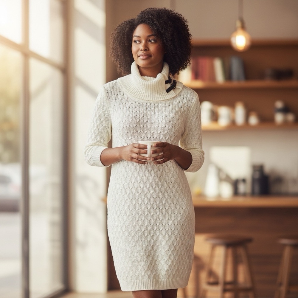 🌻 Calvin Klein Cable Knit Cowl Neck Sweater Dress #515